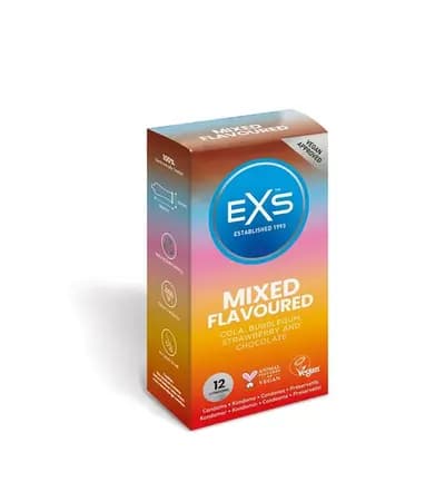 Презервативи EXS Mixed Flavoured, зі смаком бабл-гуму, шоколаду, коли та полуниці, 12 шт