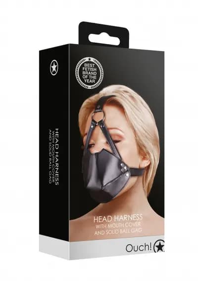 Маска-кляп Ouch! Head Harness with Mouth Cover and Solid Ball Gag, чорна