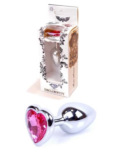 Анальная пробка BOSS SERIES Jewellery Silver Heart Plug, металлическая, с кристаллом в форме сердца, розовая, 27 мм