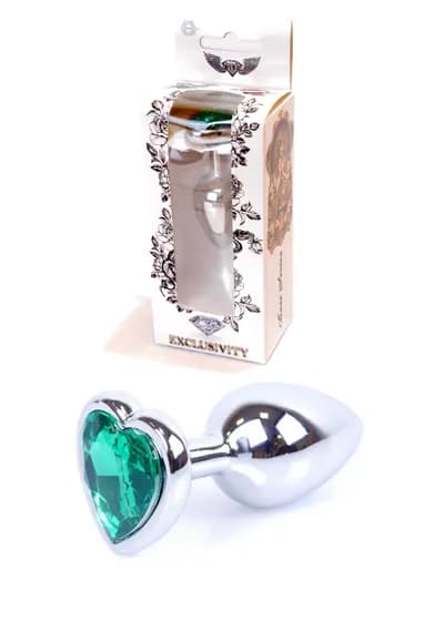 Анальна пробка BOSS SERIES Jawellery Heart, з коштовним осердям, срібна, зелена, 27 мм