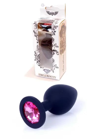 Анальна пробка BOSS SERIES Jewellery, Black Silikon Plug, з рожевим кристалом, розмір Medium, чорна