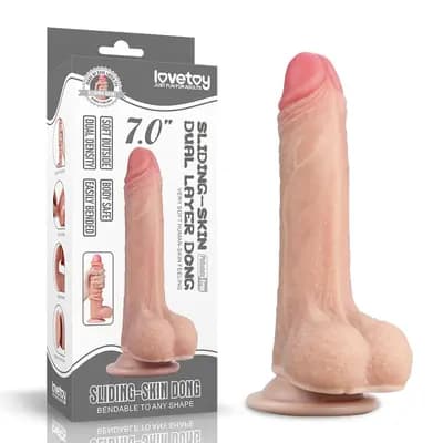 Фалоімітатор LOVETOYS Sliding Skin Dual Layer Dong, з мошонкою, тілесний, 7" / 18 см