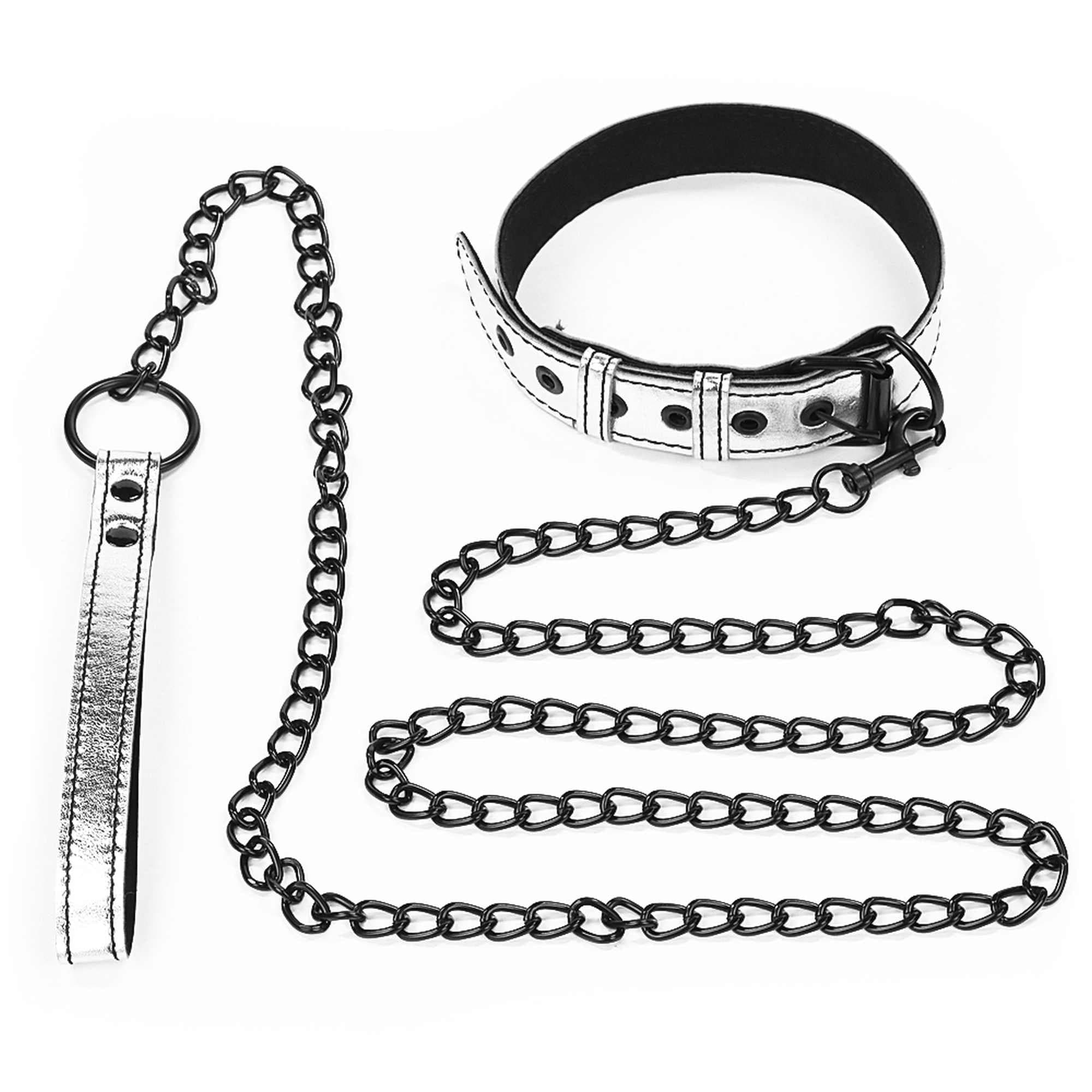 Нашийник із повідком LoveToy Bondage Fetish Metallic Pup Collar (сріблястий)